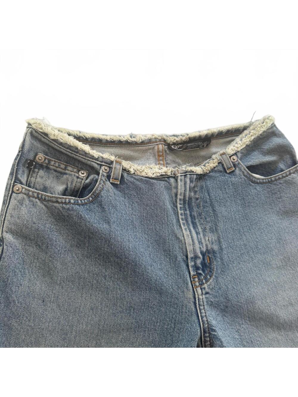 Express Jeans 9/10 S Vtg Y2K Frayed Waistband Raw Hem Flare Rigid Denim Cotton